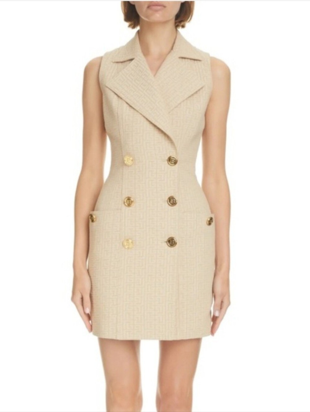 Balmain Sleeveless Double-Breasted Beige Tailored Dress
